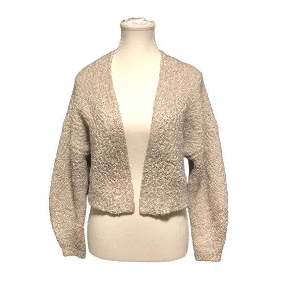 Urban Outfitters White/ Silver Cropped Open Front Popcorn Knit Cardigan Sweater - Picture 1 of 5